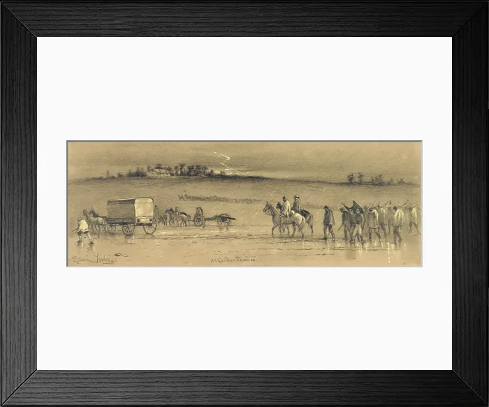 Framed Print : The Civil War.A flank march across country during a thunder shower. Union troops march through rain and mud, February, 1862. Drawing by Edwin Forbes, 1861-1865 Framed Print : The Civil War.A flank march across country during a thunder shower. Union troops march through rain and mud, February, 1862. Drawing by Edwin Forbes, 1861-1865