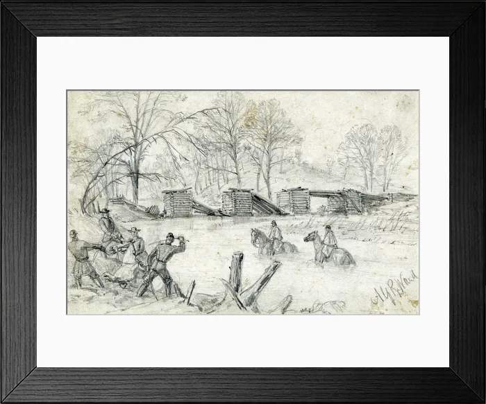Framed Print : The Civil War. Soldiers on horseback crossing a river near a collapsed bridge. Drawing by Alfred Waud. March, 1864 Framed Print : The Civil War. Soldiers on horseback crossing a river near a collapsed bridge. Drawing by Alfred Waud. March, 1864