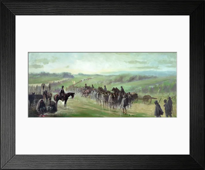 Framed Print : The Civil War. The battle of Gettysburg, Pursuit of Lee's army. Marching through the rain. Oil painting by Edwin Forbes. 1870-1890