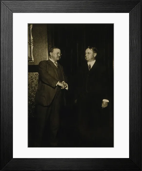 Framed Print : Theodore Roosevelt and Hiram Johnson, shaking hands after being nominated as presidential candidates for the Progressive or Bull Moose party Framed Print : Theodore Roosevelt and Hiram Johnson, shaking hands after being nominated as presidential candidates for the Progressive or Bull Moose party
