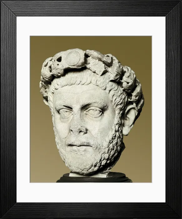 Framed Print : DIOCLECIAN (245-316). Roman Emperor (284-305). Portrait Head of Diocletian. 3rd-4th c. Roman art. Late Empire. Sculpture on marble. TURKEY. Istanbul. Archaeological Museum
