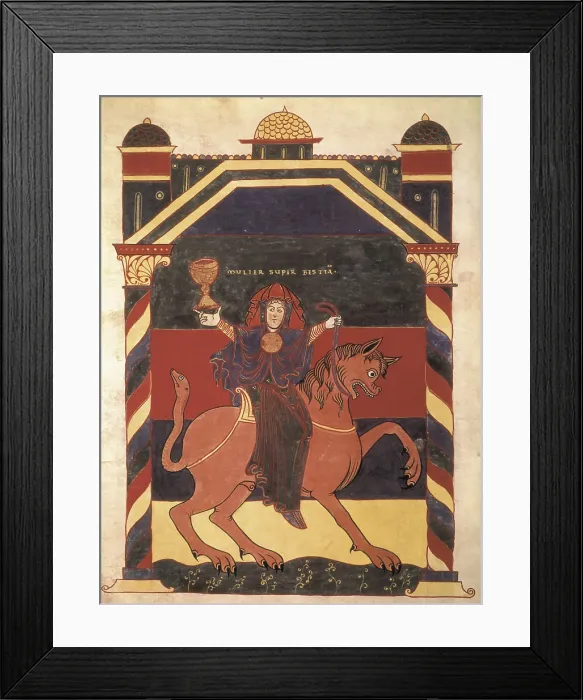 Framed Print : GARCIA, Stephanus (11th c.). Saint-Sever Beatus. c. 1060. Ms. Lat. 8878. Folio 52v. The Woman on the Beast. Depiction of the Whore of Babylon (Revelation 17:1-2)