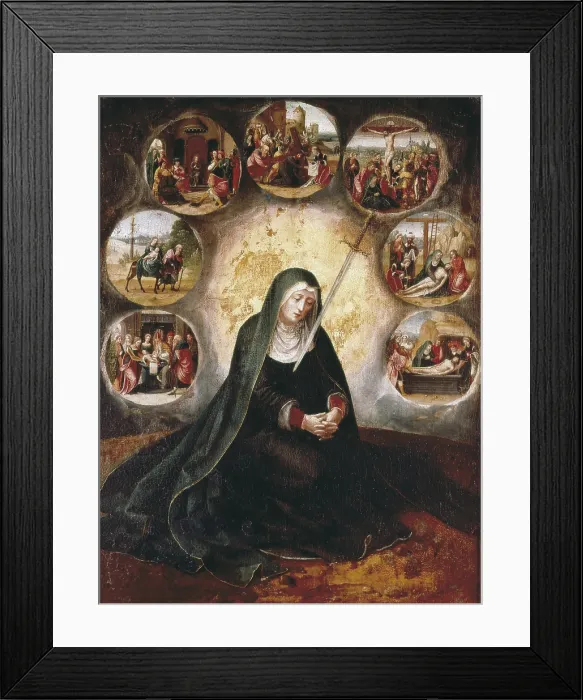 Framed Print : Virgin of the Seven SorrowsVirgin of the Seven SorrowsVirgin of the Seven Sorrows. 1520 - 1540. Painted by the Master of the Half Lengths. Baroque art. Oil on wood. SPAIN