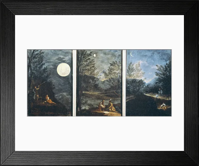 Framed Print : Astronomical Observations. 1711. Series of eight panels (51 x 35 cm. each one) dedicated to the planets. Detail of the pictures of the Moon (left)Mercury (center) and Venus