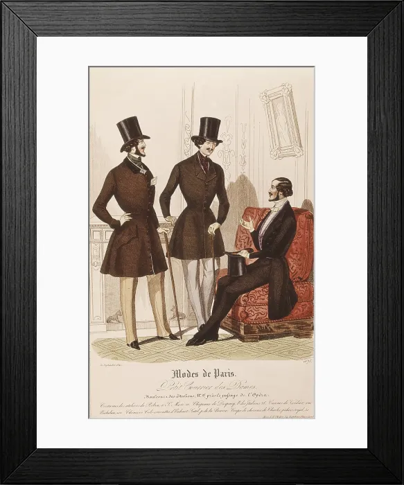 Framed Print : Paris fashion (Modes de Paris). Men suits. Illustration from 'Petit courrier des dames' (1840). Engraving. SPAIN. Madrid. National Library