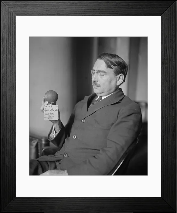 Framed Print : A US Patent Office official holds the patent model of an early baseball, patented in 1883. photo ca 1925