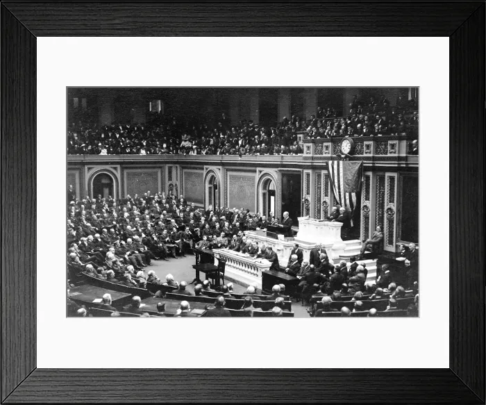 Framed Print : Woodrow Wilson (1856-1924) addressing Congress in 1917, the year the United States entered World War 1