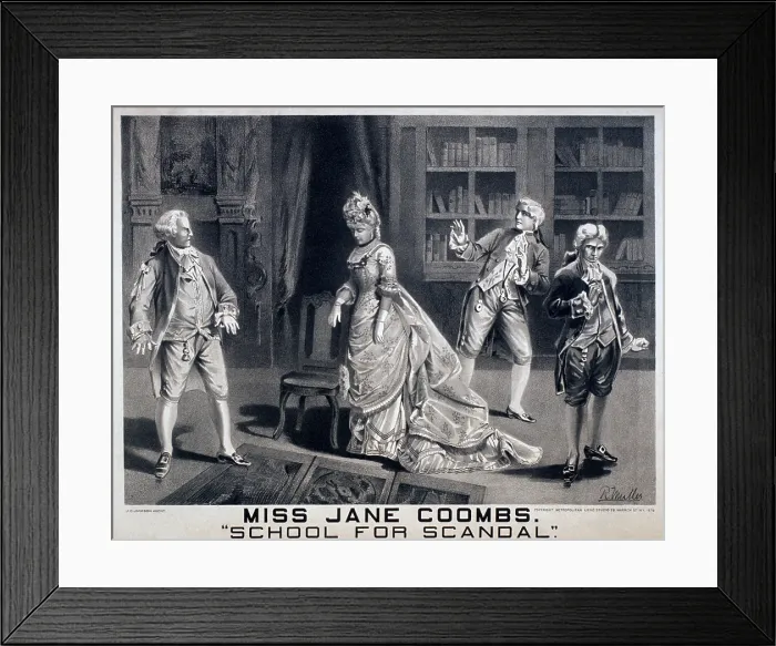 Framed Print : Poster for an 1879 American production of Richard Brinsley Sheridan's 1777 play, SCHOOL FOR SCANDAL, showing the crucial scene in which Sir Peter discovers his wife