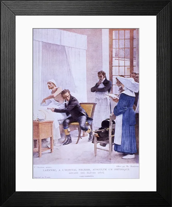Framed Print : Bedside scene showing French physician, Rene Laennec (1781-1826), with his ear to the patient's chest cavity conducting an auditory examination at Paris's Necker Hospital Framed Print : Bedside scene showing French physician, Rene Laennec (1781-1826), with his ear to the patient's chest cavity conducting an auditory examination at Paris's Necker Hospital