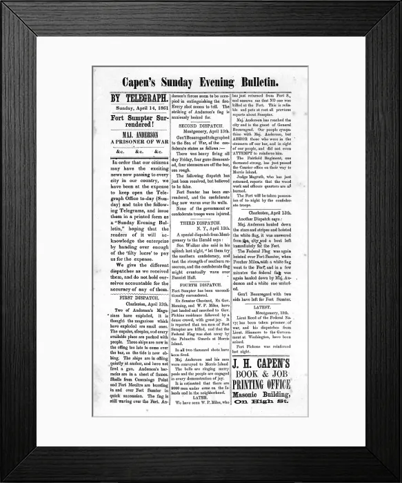 Framed Print : The Civil War, Fort Sumpter surrendered! Newspaper headline announcing the beginning of the Civil War. April 14, 1861 Framed Print : The Civil War, Fort Sumpter surrendered! Newspaper headline announcing the beginning of the Civil War. April 14, 1861