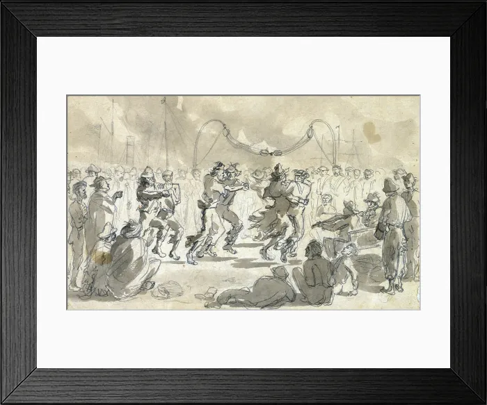 Framed Print : The Civil War.Released Prisoners - The dance upon the deck of the Confederate 'Star of the South'. Ink wash on paper by William Waud. January 14, 1865