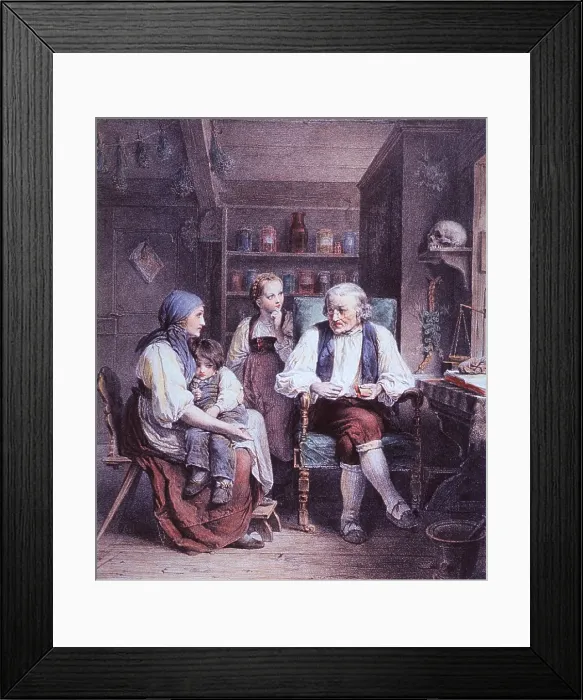 Framed Print : The Consultation. A mother visits a doctor's office with her two children