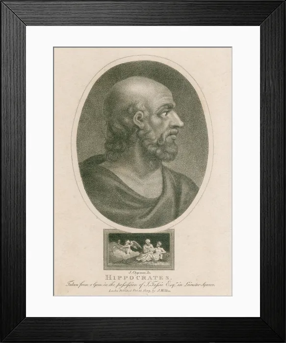 Framed Print : Hippocrates (460-375 BC). Engraving from a ancient gemstone. Ca. 1800 by J. Chapman
