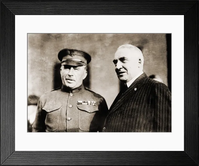 Framed Print : Senator Warren G. Harding (1865-1923), with General Leonard Wood, who had been a strong contender for the 1920 Republican presidential nomination Framed Print : Senator Warren G. Harding (1865-1923), with General Leonard Wood, who had been a strong contender for the 1920 Republican presidential nomination
