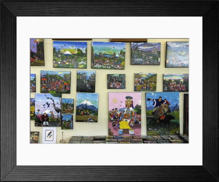 Framed Print : ECUADOR. COTOPAXI. Avenue of the Volcanoes. Quilotoa loop. Naf painting by the family Toaquiza (Tigua paintings). Rafa Prez / AISA / Everett Collection (188681)**US SALES ONLY**
