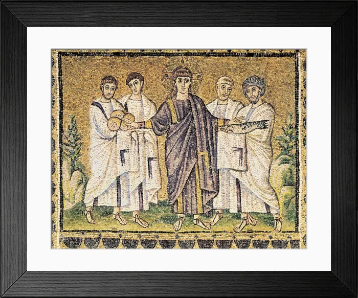 Framed Print : Multiplication of the loaves and fishes. 493 - 526. ITALY. Ravenna. Basilica of Sant'Apollinare Nuovo. Miracles and parables of Christ. Third upper upper scene in the apse