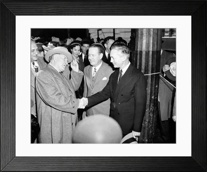 Framed Print : Vice President-elect Alben W. Barkley (l) shakes hands with James V. Forrestal, with others looking on. ca. 1948