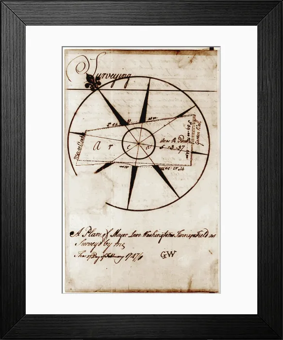 Framed Print : A plan of Major Lawrence Washington's turnip field as survey'd by me, Mount Vernon, Virginia. Surveyed and drawn by George Washington, February 27, 1747 Framed Print : A plan of Major Lawrence Washington's turnip field as survey'd by me, Mount Vernon, Virginia. Surveyed and drawn by George Washington, February 27, 1747