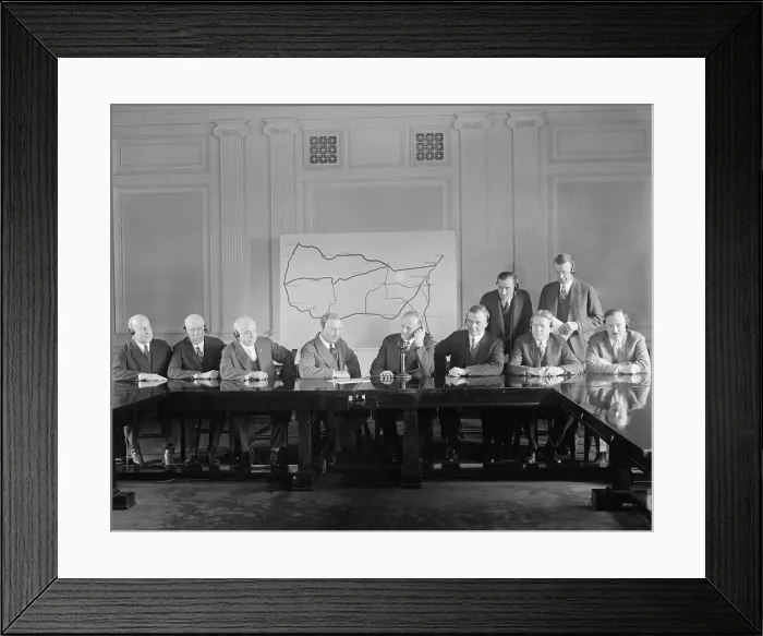 Framed Print : Men wearing headphones attend the ceremonial opening of new cross country phone lines in 1927