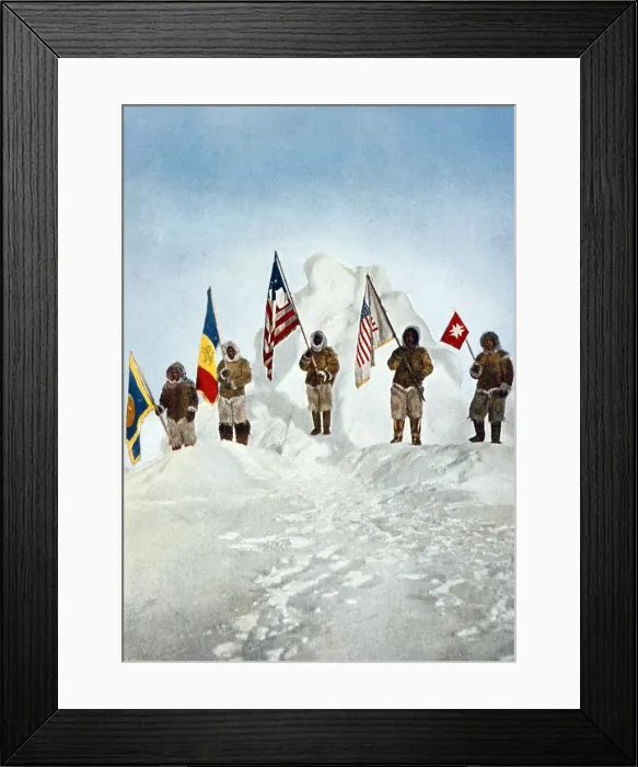 Framed Print : Robert Peary's Expedition holds five flags at the North Pole