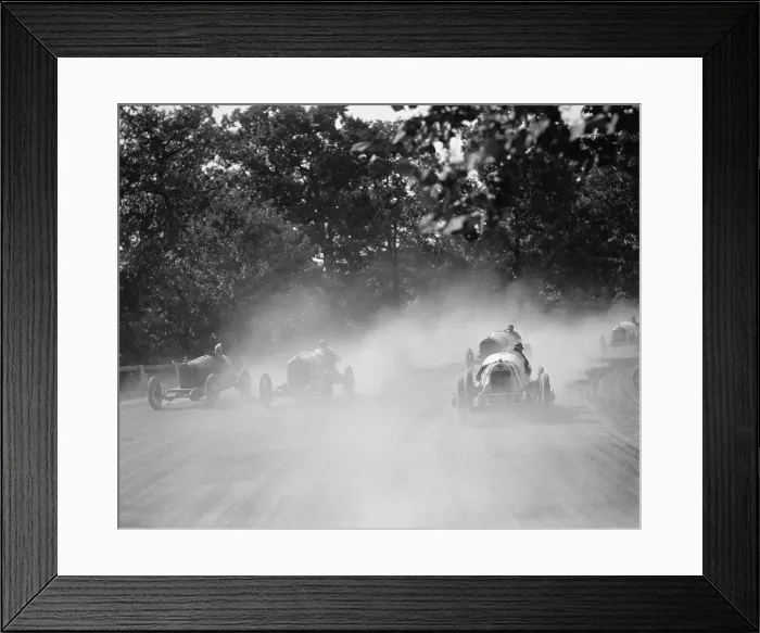 Framed Print : Five racing cars round the track bend in a cloud of dust at the Rockville, MD fair in 1923