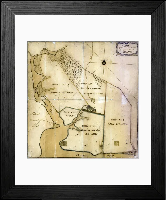 Framed Print : A plan of my farm on Little Hunting Creek & Potomac River, Virginia. Surveyed and drawn by George Washington, 1766 Framed Print : A plan of my farm on Little Hunting Creek & Potomac River, Virginia. Surveyed and drawn by George Washington, 1766