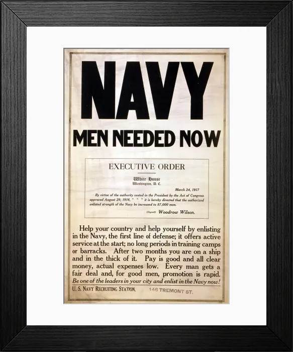 Framed Print : 1917 recruitment poster for the US Navy. After Wilson's April 1917 entry into WWI, four million men were drafted into the military