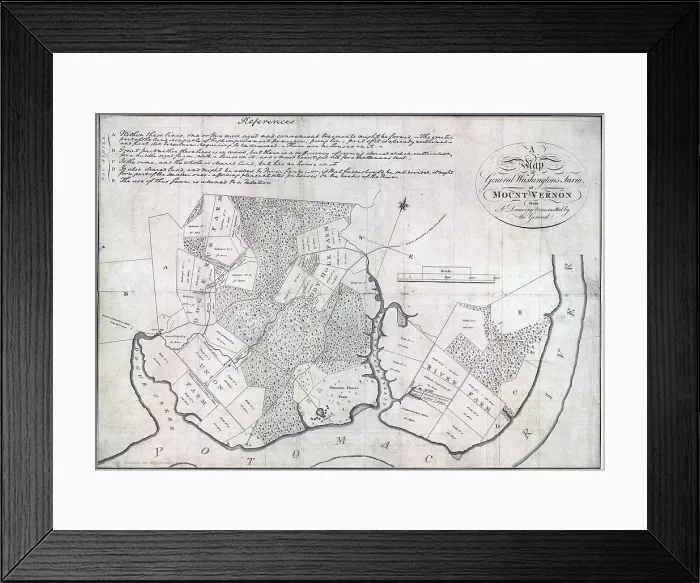 Framed Print : A map of General Washington's farm of Mount Vernon from a drawing transmitted by the General. Surveyed and drawn by George Washington, printed 1801