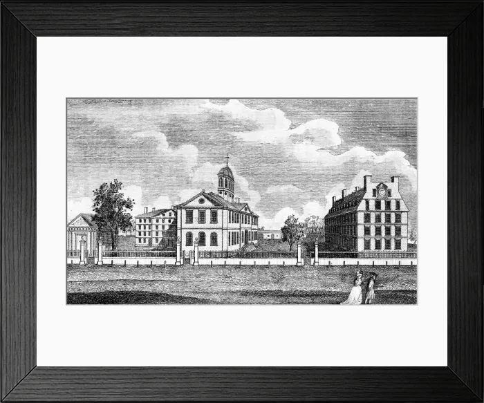 Framed Print : Harvard College, ca. 1767. From left are Holden Chapel, Hollis Hall, Harvard Hall, Stoughton Hall, and Massachusetts Hall