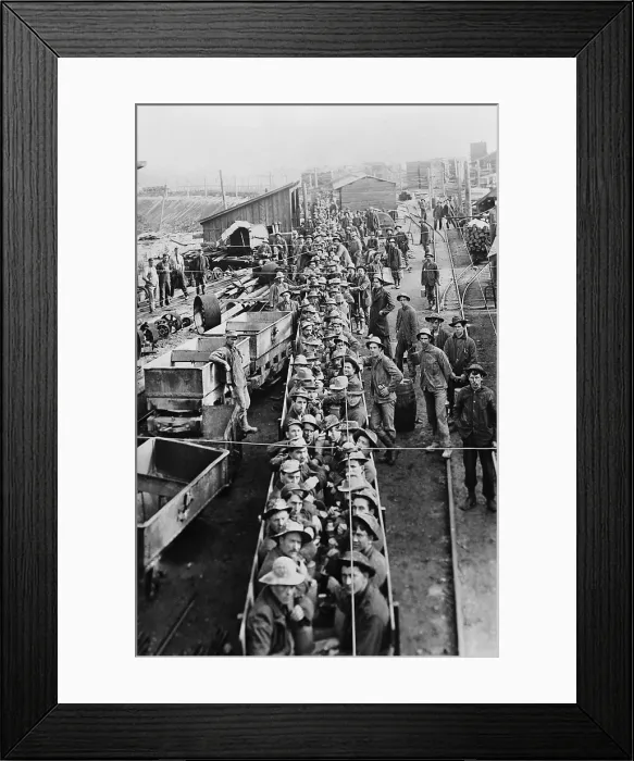 Framed Print : Dozens of men in open railroad cars on their way into the underground mines in Idaho in 1909 Framed Print : Dozens of men in open railroad cars on their way into the underground mines in Idaho in 1909