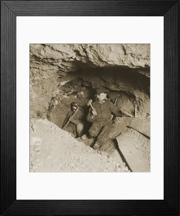 Framed Print : Two miners taking out ore in tunnel of gold mine at Eagle River Canyon, Colorado. C. 1905