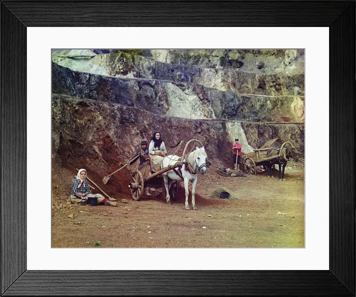 Framed Print : A family, with shovels and horse-drawn carts, working at the iron mines in the Bakaly Hills of Russia's Ural Mountains Framed Print : A family, with shovels and horse-drawn carts, working at the iron mines in the Bakaly Hills of Russia's Ural Mountains