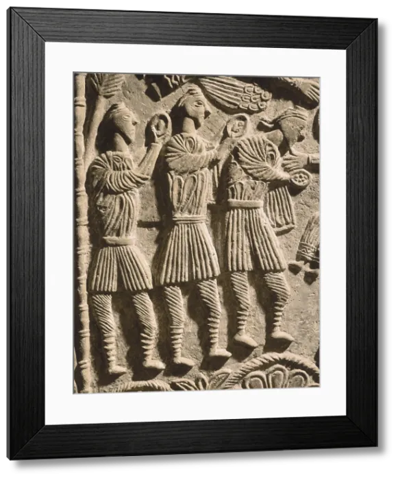 Framed Print : Altar of Duke Ratchis. 740s. Detail of the Adoration of the Magi. Lombardy's romanesque style. Romanesque art. Relief on marble. ITALY. Cividale del Friuli