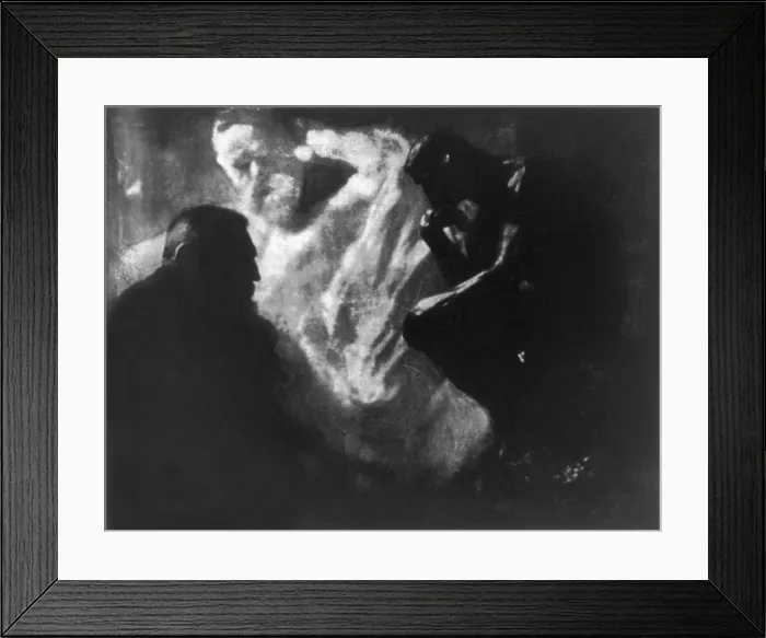 Framed Print : Auguste Rodin (1840-1917), French sculptor, in his studio with the classic modernist work, THE THINKER. Photogravure by Edward J. Steichen publishered in CAMERA WORK, 1905