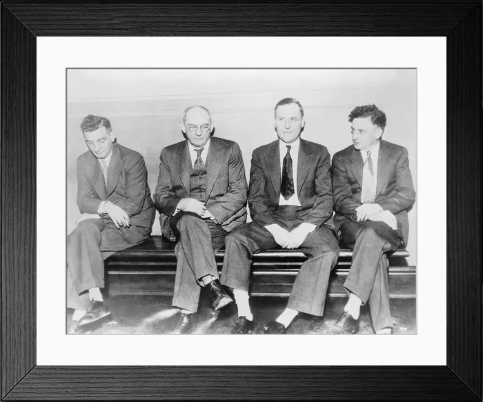 Framed Print : Members of Roger Touhy's gang in custody for trial for the kidnapping of mobster John Factor. L. to r.: Albert Kator, Edward McFadden, Gustaf Schafer, and Roger Touhy. 1933