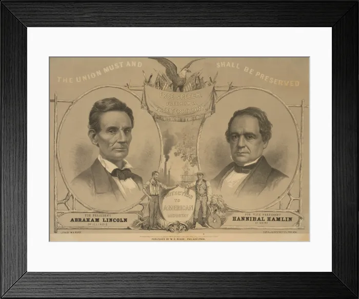 Framed Print : Abraham Lincoln and Hannibal Hamlin portraits on an 1860 Republican campaign banner with the motto