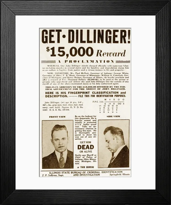 Framed Print : Wanted Poster for John Dillinger, offering $15, 000 for his capture. 1934 Framed Print : Wanted Poster for John Dillinger, offering $15, 000 for his capture. 1934