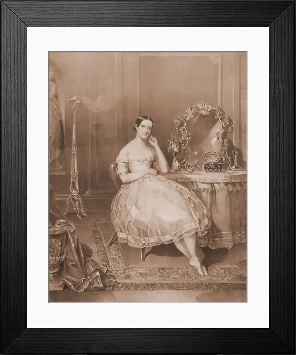 Framed Print : Fanny Elssler (1810-1884). Austrian ballerina, toured America from 1840-43. She is in her ballet costume, seated at a dressing table. 1841 Framed Print : Fanny Elssler (1810-1884). Austrian ballerina, toured America from 1840-43. She is in her ballet costume, seated at a dressing table. 1841