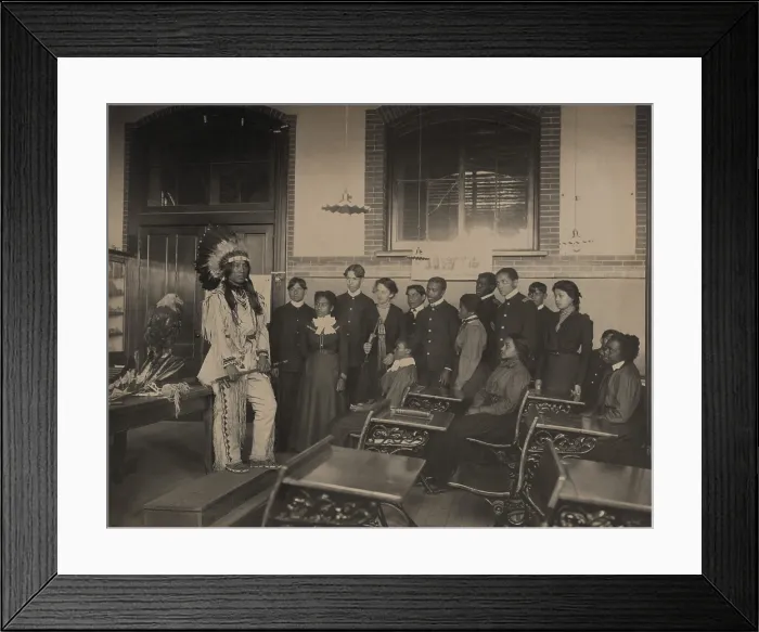 Framed Print : Louis Firetail, wearing Sioux tribal clothing, in an American history class at Hampton Institute
