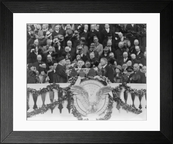 Framed Print : President Herbert Hoover (1874-1964), takes the oath of office from Chief Justice William H. Taft (1857-1930), on the east portico of the U.S. Capitol, March 4, 1929