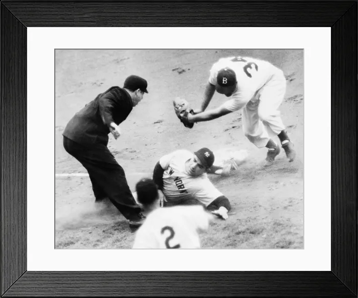 Framed Print : Game Four of the 1949 World Series between the New York Yankees and the Brooklyn Dodgers. Yogi Berra, New York Yankee catcher, was called safe after eluding Eddie Miksis (34) tag