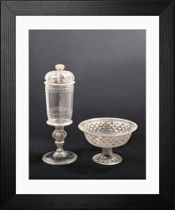 Framed Print : Cup and glass (16th - 17th c.). Glass and Crystal. ITALY. Venice. Murano. Antique Glass Museum. AISA / Everett Collection (58680)**US SALES ONLY**