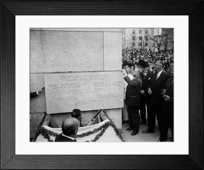 Framed Print : Harold Ickes, Interior Secretary, lays cornerstone of building as FDR watches. 1936. Ickes holds the trowel George Washington used for the U.S. Capitol in 1793. (BSLOC_2013_6_155)