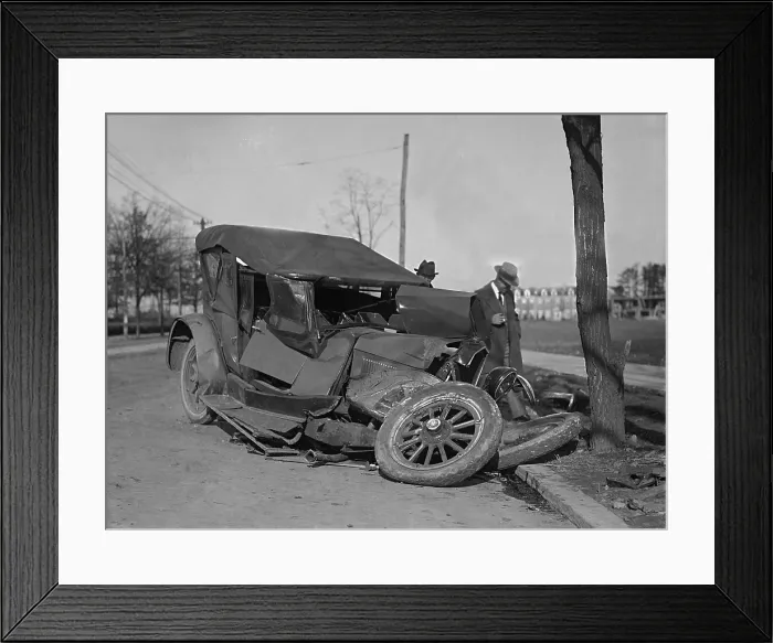 Framed Print : Wrecked car on Washington, D.C. road in 1922
