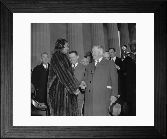 Framed Print : Harold Ickes greets Marian Anderson at her Lincoln Memorial concert. Apr. 9, 1939. As Secretary of the Interior, Harold L. Ickes introduced the African-American Opera singer Framed Print : Harold Ickes greets Marian Anderson at her Lincoln Memorial concert. Apr. 9, 1939. As Secretary of the Interior, Harold L. Ickes introduced the African-American Opera singer