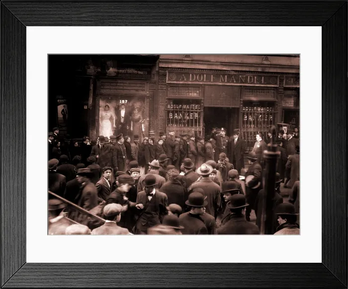 Framed Print : Police keep order during a run on the Adolf Mandel Bank on New York City's Lower East Side. February 16, 1912 Framed Print : Police keep order during a run on the Adolf Mandel Bank on New York City's Lower East Side. February 16, 1912