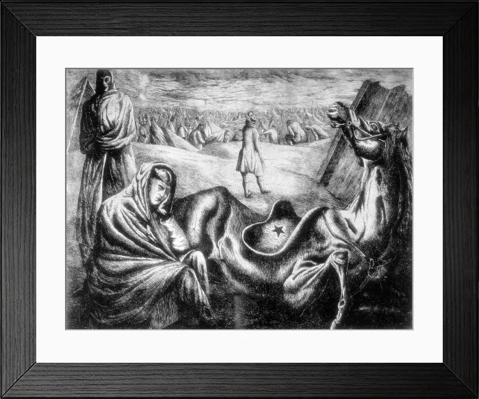 Framed Print : Spanish Civil War. Exiled Spaniards at the concentration camp of Argeles-sur-mer (France). Engraving by Antonio Rodrguez Luna. Etching