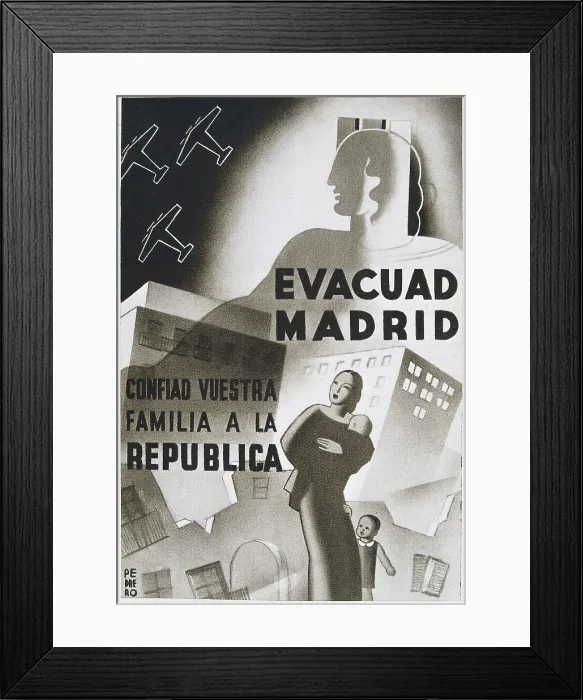 Framed Print : Spanish Civil War (1936-1939). 'Evacuad Madrid. Confiad vuestra familia a la Repblica' (Evacuate Madrid. Entrust your family to the Republic). Poster by Pedrero