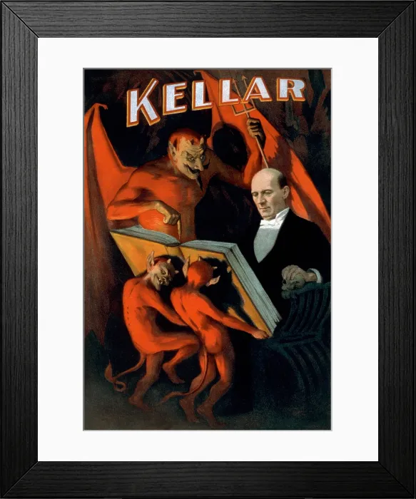 Framed Print : Harry Kellar (1849-1922), premier American magician of his time and admired by Harry Houdini, in theatrical poster with demons. 1894