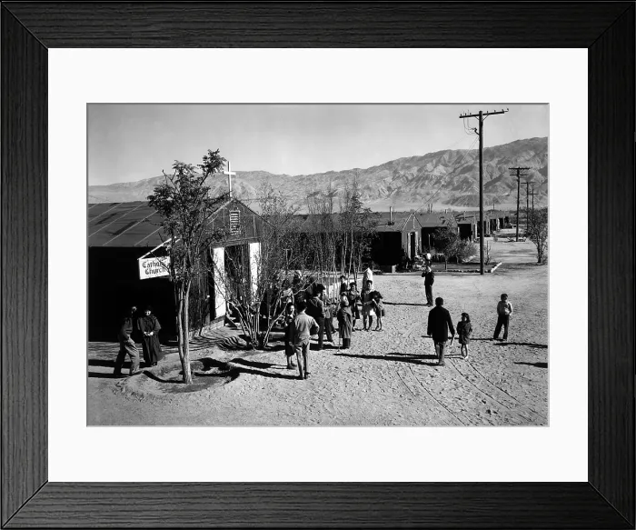 Framed Print : World War II, People standing outside Catholic church at Manzanar Relocation Center, California. photograph by Ansel Adams. 1943 Framed Print : World War II, People standing outside Catholic church at Manzanar Relocation Center, California. photograph by Ansel Adams. 1943